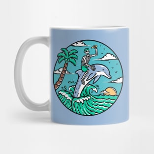 Funny Cartoon Skeleton Riding a Dolphin Mug